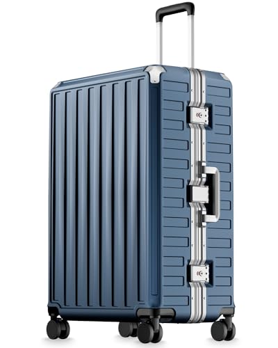 LUGGEX Checked Suitcase with Spinner Wheels, 8010S Aluminum Frame Zipperless Polycarbonate Hard Shell Suitcase (ZX-Core, Blue, 28 Inch) - color: Ocean Blue, size: Checked-large 28-inch