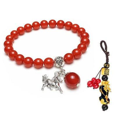 Betterdecor Feng Shui Chinese Zodiac Horse Red Agate Bead Bracelet for good luck