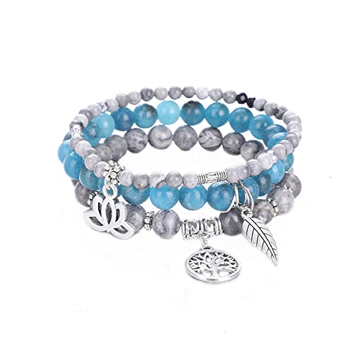 Tree of Life Yoga Healing Stone Bracelets,Multilayer Lotus Chakra Stone Reiki Bracelet Sets,Anxiety Crystal Natural Stone,for Women Stress Relief - style: Grey Map Jasper+apatite