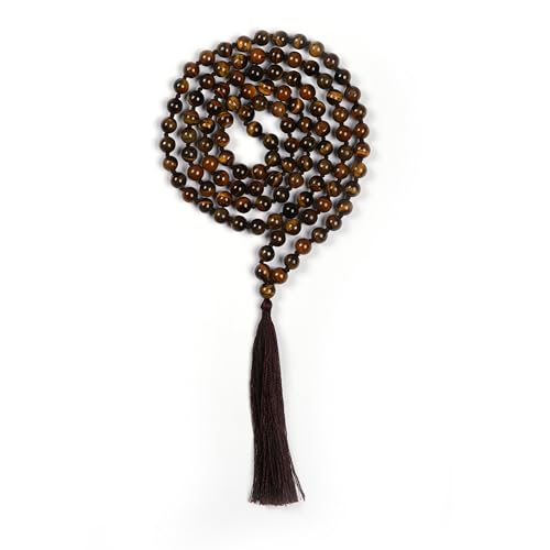 108 Mala Beads Necklace, 8mm Natural Tiger Eye Gemstone Prayer Beads for Meditation, Yoga, Japa, Mindfulness, Unisex
