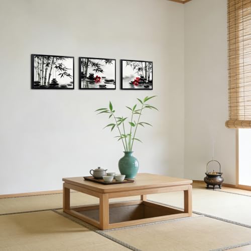 Biuteawal 3 Panels Zen Wall Art Black and White Bathroom Decor Zen Stone with Bamboo Picture Print Peaceful Artwork Painting Spa Living Room Kitchen Bedroom Framed