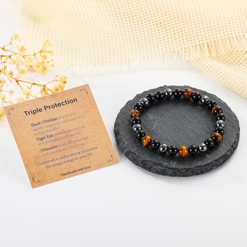 Gnamy Crystal Bracelet Gifts for Men Him- Triple Protection Hematite Black Obsidian Tiger Eye Gemstone Beaded Bracelets Birthday Healing Jewelry Gifts - style: Style 6