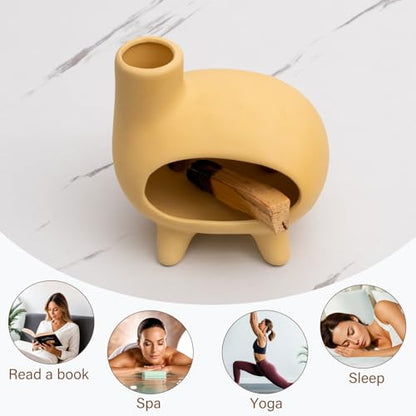 MOUGIGI Elegant Handcrafted Ceramic Palo Santo Burner-Yellow Terracotta Footed Incense Holder for Meditation,Compatible with Wood Sticks,Sage,Ash&Cones-Mini Aromatic Home Altar with Chimney Design - color: Matte Clay - Footed Yellow