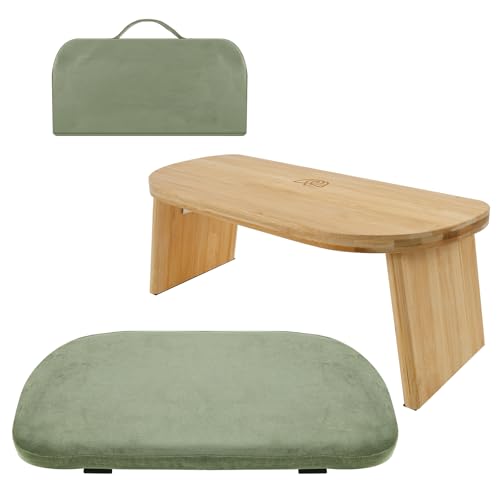 Bamboo Yoga Bench with Foldable Legs, Ergonomic Kneeling Stool with Cushion, Portable Prayer Bench for Kneeling Sitting Prayer Extended Practice(Green,1)