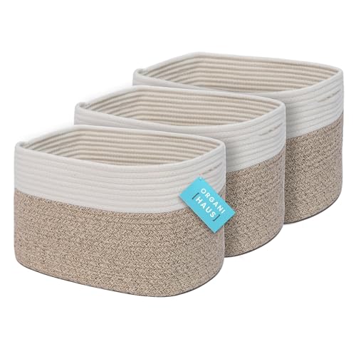 Brown Cotton Rope Baskets for Shelves, Set of 3-15"×10"×9½" - Woven Storage Baskets for Organizing - Closet, Nursery, Bedroom, Playroom - Toys, Books, Towels, Clothes - color: Brown / Off-White