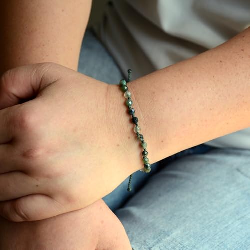 Natural Faceted Gemstone Bead Bracelet, Adjustable Waterproof Wax Cord, Hand-Knotted Design - color: Moss Agate