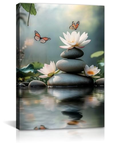 GLOKAKA Zen Canvas Wall Art Butterfly White Lotus Picture Print Spa Stone in Water Painting Relaxing Spiritual Artwork for Bathroom Yoga Meditation Room Wall Decor(Artwork-2,16"x24") - color: Artwork-2, size: 24"L x 16"W