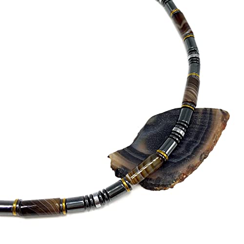 Healing Stress Anxiety Meditation Grounding Energy Gemstone Necklace Series - color: Brown Agate & Hematite -6 mm- Stone Tube Beads