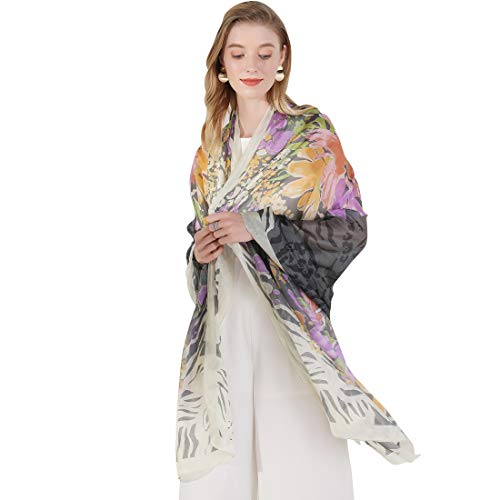 DANA XU Women's 100% Mulberry Silk Pashmina Shawl and Wraps Extra Large Floral Scarf for Evening Dresses, Soft Oversized - color: Black Sunset Floral