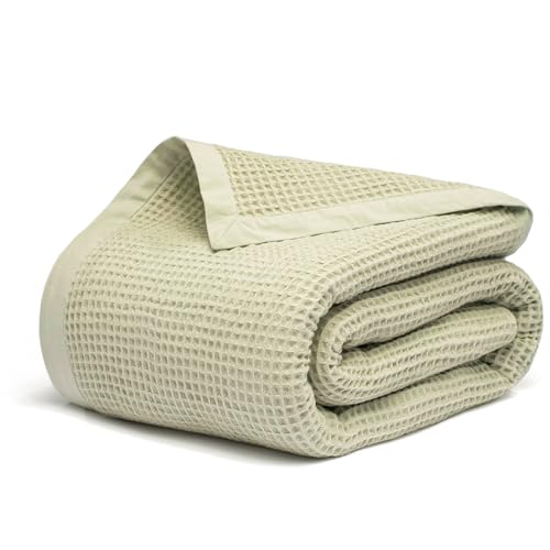 GOTS Certified 100% Organic Cotton Throw Blanket, 90"x90" Waffle Blankets & Throws for Bed, Throw Blanket for Couch, Cozy Christmas Blankets and Throws for Christmas Gifts (Sea Foam) - color: Sea Foam, size: Organic Cotton - Queen