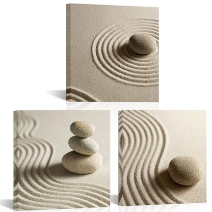 Artsbay 3 Piece Canvas Wall Art Zen Stone and Sand Giclee Print Artwork Calm Peaceful Still Life Picture Painting Modern Spa Room Wall Poster Decor Framed for Home Office Bedroom Bathroom Decoration