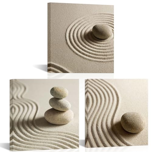 Artsbay 3 Piece Canvas Wall Art Zen Stone and Sand Giclee Print Artwork Calm Peaceful Still Life Picture Painting Modern Spa Room Wall Poster Decor Framed for Home Office Bedroom Bathroom Decoration
