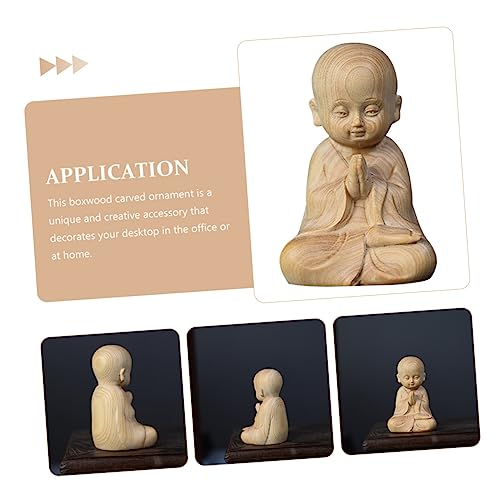 Healifty Boxwood Monk Figurine Hand Carved Desktop Decoration for Home Office Small Pet Ornament Delicate Wood Sculpture for Meditation Feng Shui Decor