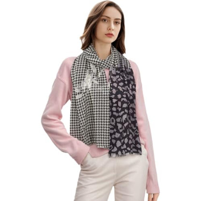 Cashmere-soft Mercerized wool Shawl Pashmina Lightweight Travel Wrap & Evening Scarf |Office |Wedding - color: Thousand Bird Check + Leopard Graphite Color