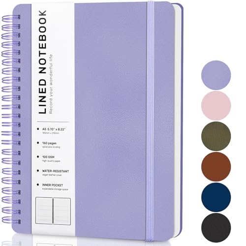 Lined Spiral Journal Notebook with 160 Pages, 8×5.7in, A5 Spiral Notebook, Journaling Notebooks for Work, School, Women, Men, College Ruled Spiral Notebook, Hardcover Leather Journals, Purple