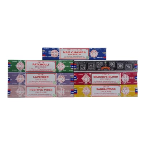 Satya Incense Gift Set Nag Champa, Super hit, Dragon's Blood, Sandalwood, Patchouli, Lavender, Positive Vibes 15gms x 7 Packs | for Meditation, Yoga, Healing, Aromatherapy, Relxation, Spirituality | - color: 7 Pack Set