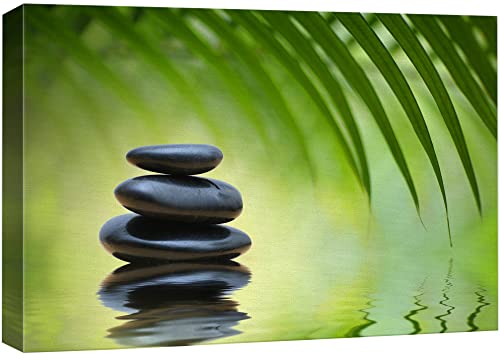 wall26 Canvas Print Wall Art Black Massage Stones in Jungle Water Reflection Nature Wilderness Photography Realism Chic Scenic Relax/Calm Multicolor for Living Room, Bedroom, Office - 12"x18" - color: Green Bamboo Leaves, size: 18"L x 12"W