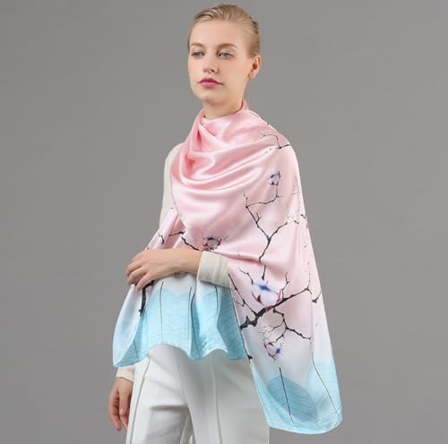 100% Mulberry Silk Long Scarf for Women Large Shawls for Headscarf and Neck- Oblong Hair Wraps with Gift Packed - color: Blue&pink Branches