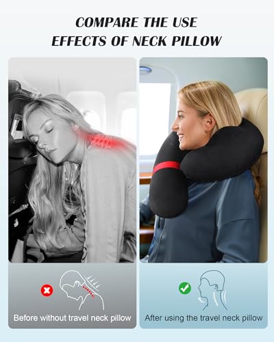 Patented Design Inflatable Travel Neck Pillow – Airplane Neck Pillow with 360° Head & Neck Support, Soft Washable Velvet Cover, Compact Neck Support Pillow for Airplane,Train,Car,Office & Home (Black) - color: Black