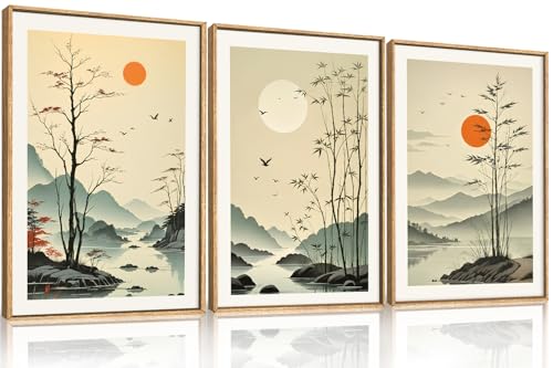 Chinoiserie Bamboo Forest Framed Canvas Wall Art Set, Nature Tree Lakes Wall Decor, Minimalist Zen Landscape Wall Painting, Watercolor Art Prints for Living Room, Bedroom, Office 16"X24"X3 - color: Chinoiserie Bamboo Wall Art, size: 16"L x 24"W