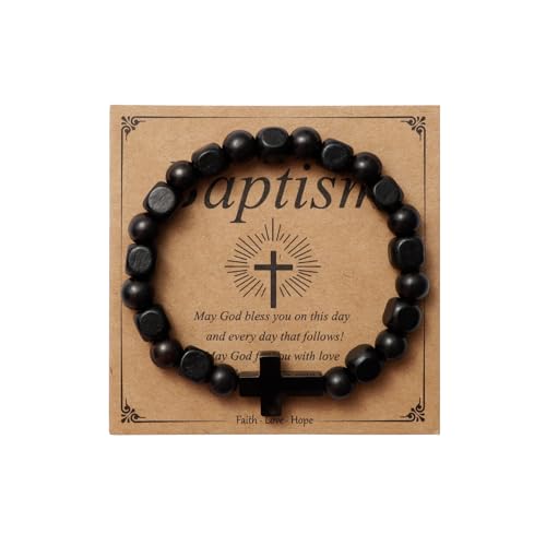 MILAKOO Wooden Bracelet with Black Stainless Steel Cross Charms Bead Christian Gifts for Women Men - color: B1