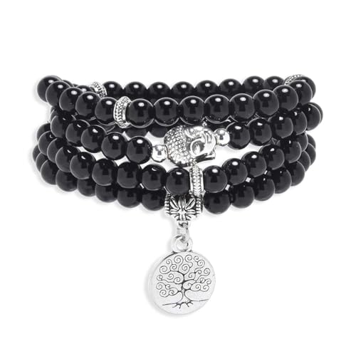 Tree of Life Charm Bracelet or Necklace - 108 Buddha Beads, Handmade Mala Meditation Jewelry, Prayer Beads for Yoga - style: Black Agate
