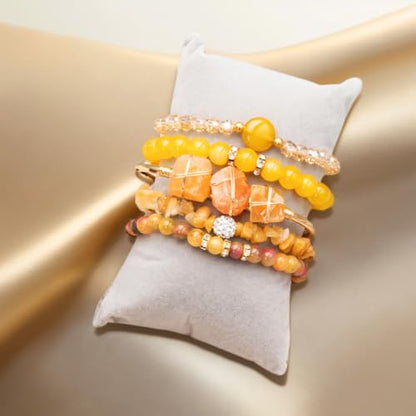 5PCS Natural Boho Beaded Bracelets Bangle for Women Men,Healing Turquoise Jasper Agate Crystal Gemstone Stone Chakra Multilayer Wrap Bohemian Handmade Jewelry Beads Stretch Bracelet Set - color: Yellow