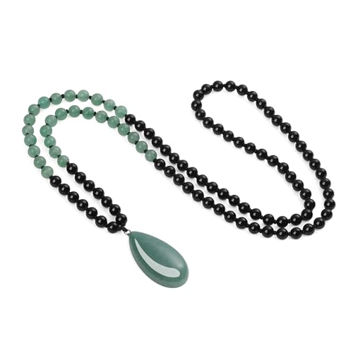 COAI Teardrop Pendant Necklace 108 Mala Stone Beaded Necklace, Prayer Beads Necklace for Women - style: Onyx & Green Aventurine