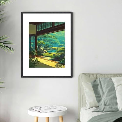 Framed Japanese Zen Garden View Poster Canvas Print Art Minimalist Aesthetic Painting Wall Art Pictures Wall Decor, Elegant Home Decor for Living Room Bedroom Office Decoration Art Print (black frame,12"LX16"W)