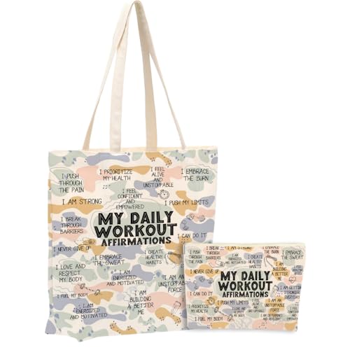 Daily Affirmations for Women, 2PCS Cosmetic Bag Canvas Tote Bag Beach Bags with Pocket Makeup Bags,Workout Gifts for Women Inspirational Mental Health Gifts for Female Friend Birthday Friendship - color: Workout Affirmations 0941