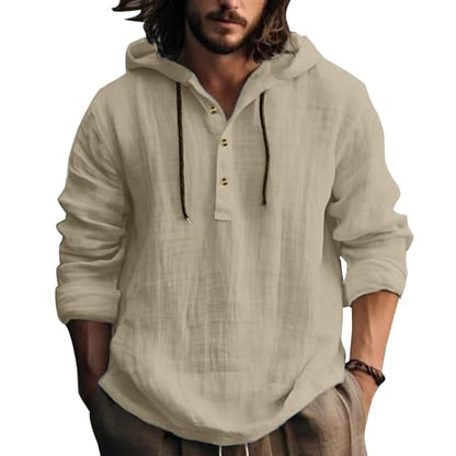 Mens Pullover Hoodie Linen Long Sleeve 4 Button Drawstring Causal Loose Lightweight Summer Beach Top - color: 3-khaki, size: XX-Large