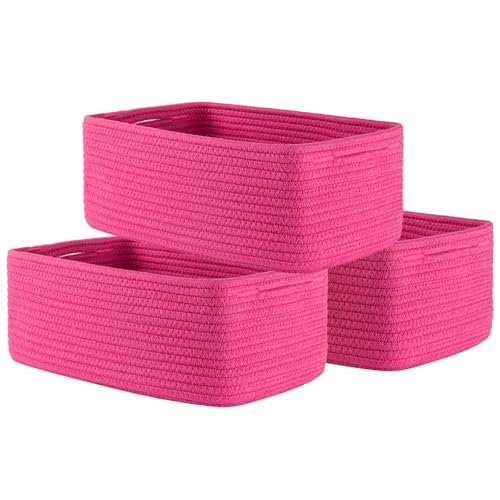 Small Woven Basket, 13.5 x 9.5 x 5 Inches, Storage Basket for Organizing, Cute Small Rope Shelf Closet Cube Storage Bins Baskets for Shelves, Dog Toy Gift Baskets Empty, 3 Packs, Hot Pink - color: Hot Pink, size: 13.5"L x 9.5"W x 5"H