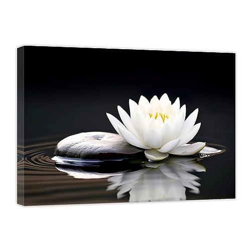 CCWACPP Zen Canvas Wall Art White Lotus Bloom in Water Picture Flowers Stone Spa Painting for Yoga Meditation Room Bathroom Prints Wall Decor Frame (Zen - 1, 28x42inch) - color: Zen - 1, size: 28x42inch