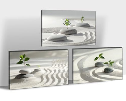 3 Panels Zen Wall Art, Stone and Green Leaf Pictures Zen Wall Decor Canvas Print, Yoga Spa Meditation Painting Calming Home Decorations Artwork for Spiritual Room Office Living Room Bedroom Bathroom