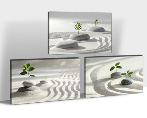 3 Panels Zen Wall Art, Stone and Green Leaf Pictures Zen Wall Decor Canvas Print, Yoga Spa Meditation Painting Calming Home Decorations Artwork for Spiritual Room Office Living Room Bedroom Bathroom