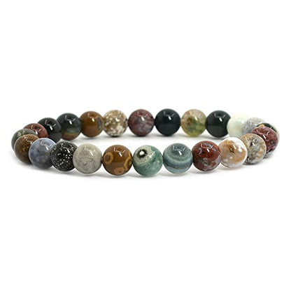 Justinstones Gem Semi Precious Gemstone 8mm Round Beads Stretch Bracelet 7 Inch Unisex - color: Ocean Jasper