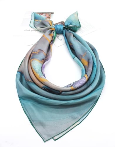ANDANTINO 100% Silk Scarf 43" Large Square Lightweight Headscarf& Shawl–Women Hair Wraps-With Gift Packed - color: Light Green&blue