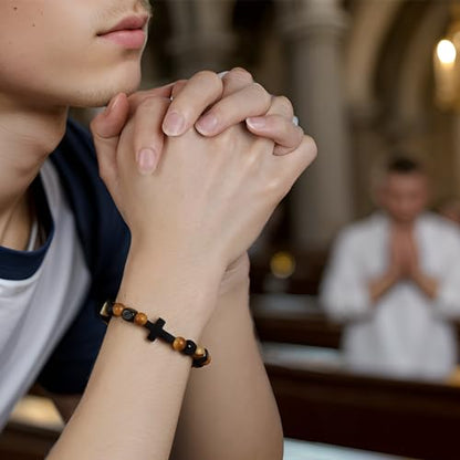 MILAKOO Wooden Bracelet with Black Stainless Steel Cross Charms Bead Christian Gifts for Women Men - color: D5