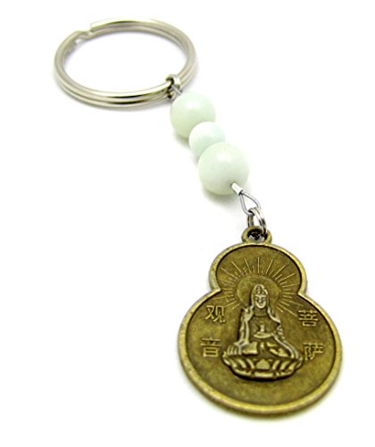 5th Chakra Keychain Bag Charm ~ Handmade Amazonite Gemstone Beaded Keychain Quan-Yin Coin Charm