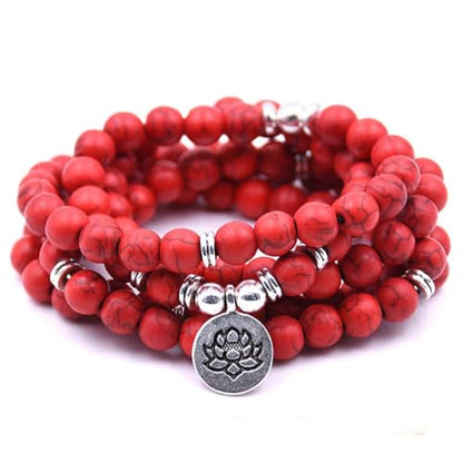 108 Mala Beads Bracelet Necklace - Gemstone Prayer Beads with Lotus Charm for Meditation & Yoga - style: Red Turquoise