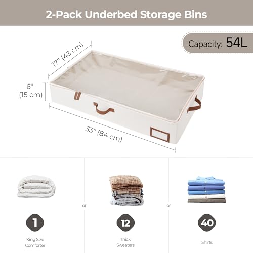 StorageWorks Large Under Bed Storage Containers with Handles and Label Holder, 2 Pack Ultra-thick Fabric Underbed Bins, Closet Organizer for Clothes, Blankets, Sweater