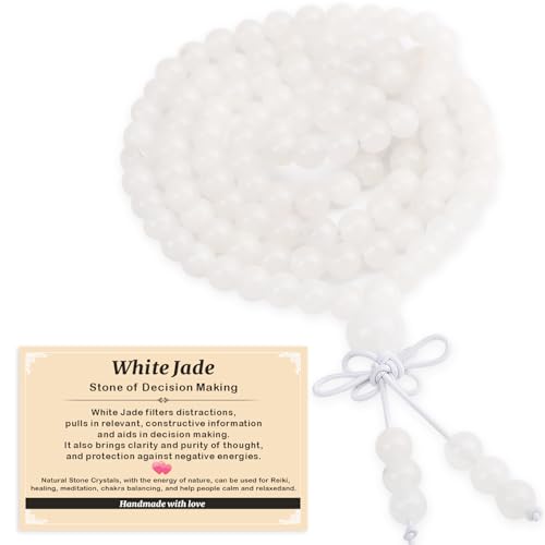 AD Beads 6mm 8mm 108 Prayer Mala Jasper Elastic Bracelet - Handmade Yoga Meditation Healing Power Energy Gifts for Unisex Adult. - color: White Jade(Decision Making)