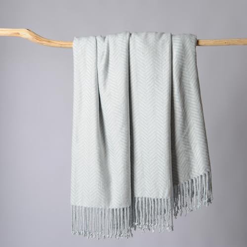 CUDDLE DREAMS Silk Throw Blanket with Hand-Knotted Fringe, Natural, Soft & Breathable (Herringbone Blue) - color: Herringbone Blue