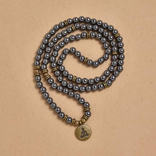 108 Mala Beads Bracelet Necklace with Yoga Symbol Buddha Charm – Gold-Plated Meditation Jewelry, Healing Stone, Ideal Spiritual Gift for Yoga & Meditation - style: Hematite