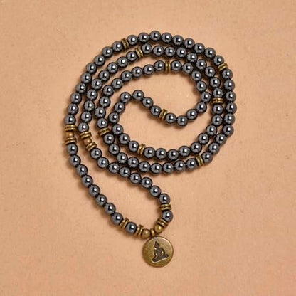 108 Mala Beads Bracelet Necklace with Yoga Symbol Buddha Charm – Gold-Plated Meditation Jewelry, Healing Stone, Ideal Spiritual Gift for Yoga & Meditation - style: Hematite