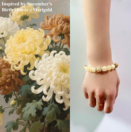Birth Flower Crystal Bracelets for Women, Handmade Natural Gemstone Stretch Jewelry with Healing & Positive Energy - color: Oct. Marigold & Citrine
