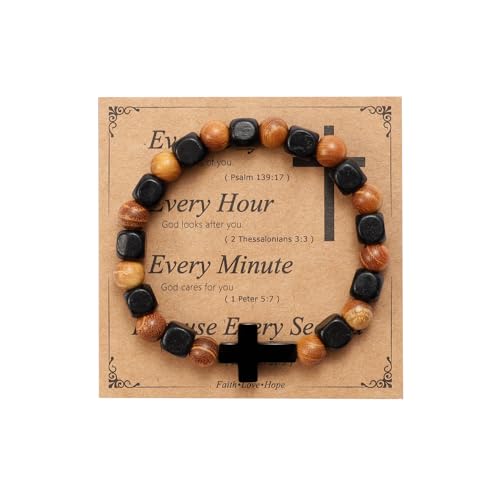 MILAKOO Wooden Bracelet with Black Stainless Steel Cross Charms Bead Christian Gifts for Women Men - color: C5