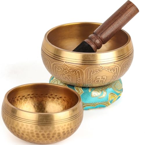 2-Pack Tibetan Singing Bowls Set - 100% Handmade in Nepal, Sound Bowl Meditation Set for Yoga, Chakra Healing, Meditation Gifts, Unique Gifts for Women (Blue, 3.15 + 4 inch) - color: Blue