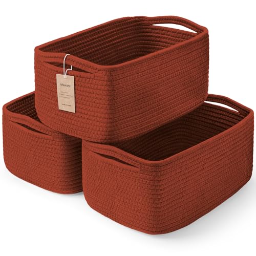 3-Pack Shelf Baskets for Organizing, Closet Organizer Bins, Small Woven Baskets, Rope Toy Basket, Storage Basket for Shelves, Cube Decorative Box, 11.8×7.8×5.1”, Oxide Red - color: Brick Red, size: 11.8"L×7.8"W×5.1"H