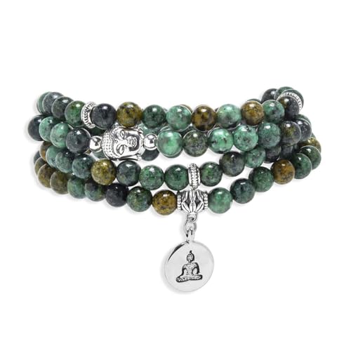 108 Mala Beads Bracelet/Necklace with Buddha Charm – Meditation Beads, Yoga Jewelry, Prayer Beads, Zen Necklace – Ideal Gift for Spiritual Practice - style: African Turquoise